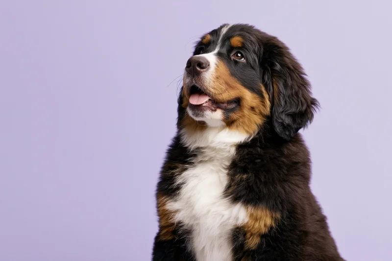 Bernese mountain dog puppy sitting upright with mouth slightly open against lavender background