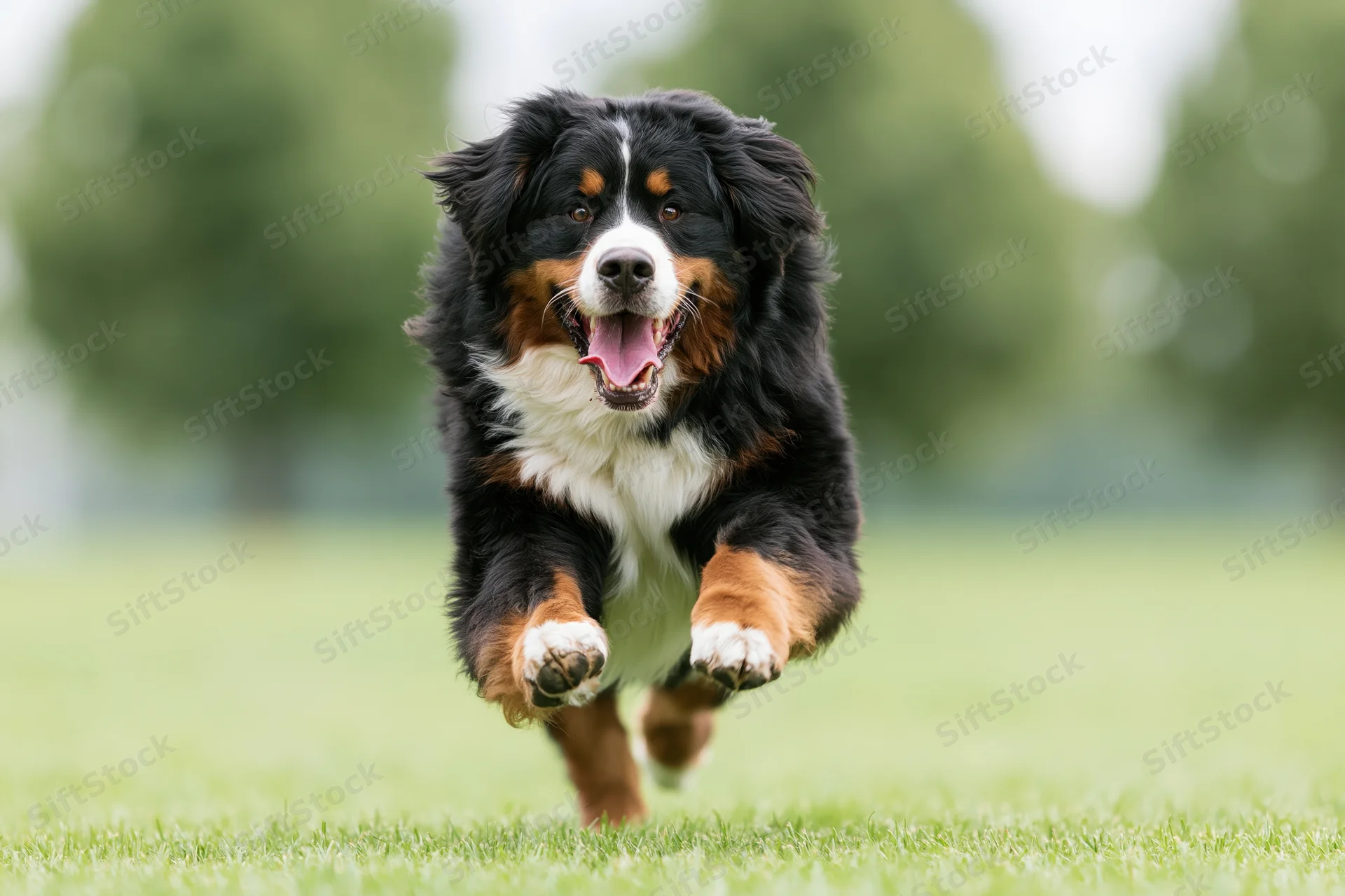 Bernese mountain dog running full speed toward camera with mouth open on grassy field