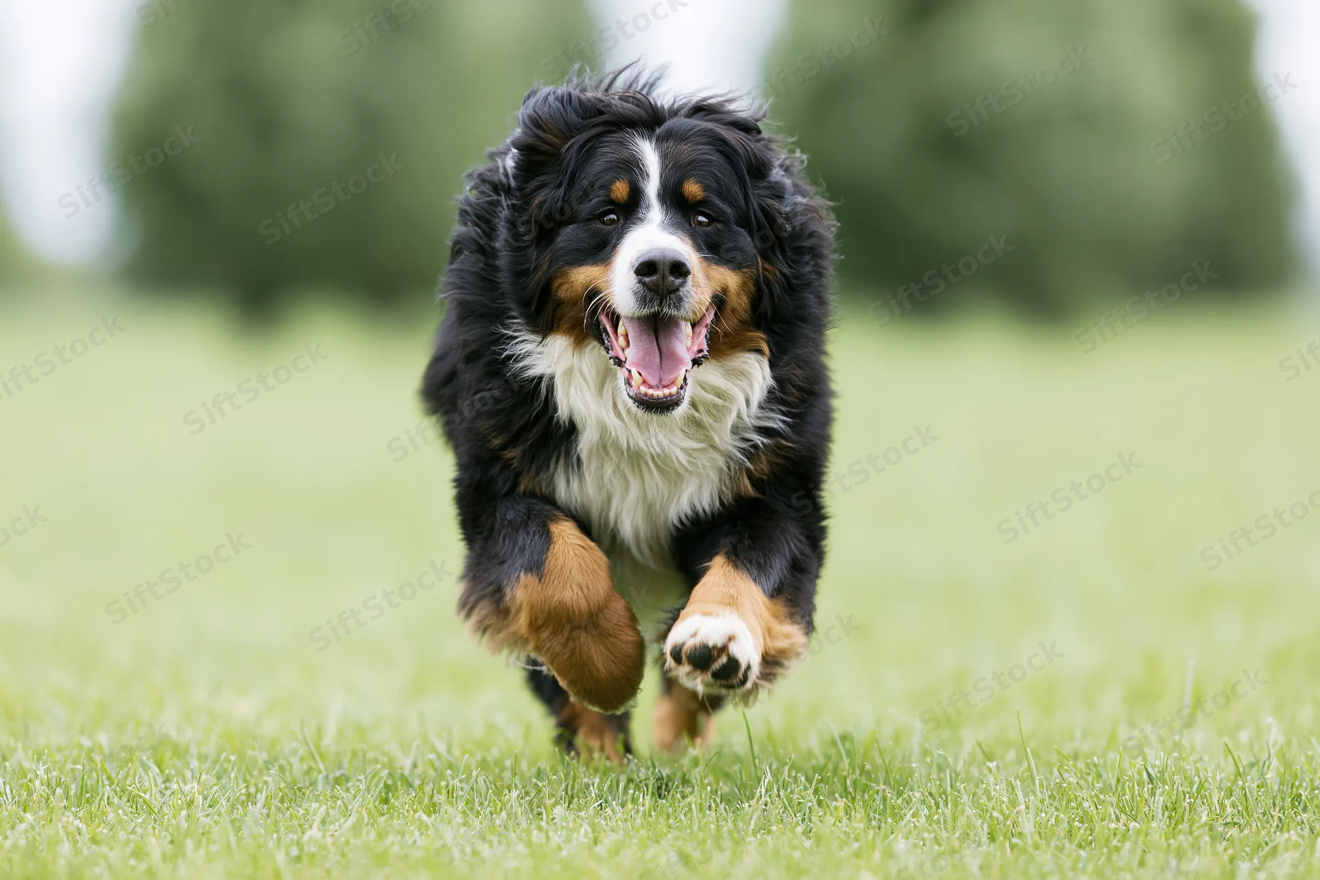 Bernese mountain dog running full speed toward camera with mouth open on grassy field