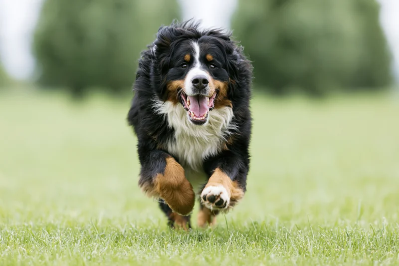 Bernese mountain dog running full speed toward camera with mouth open on grassy field