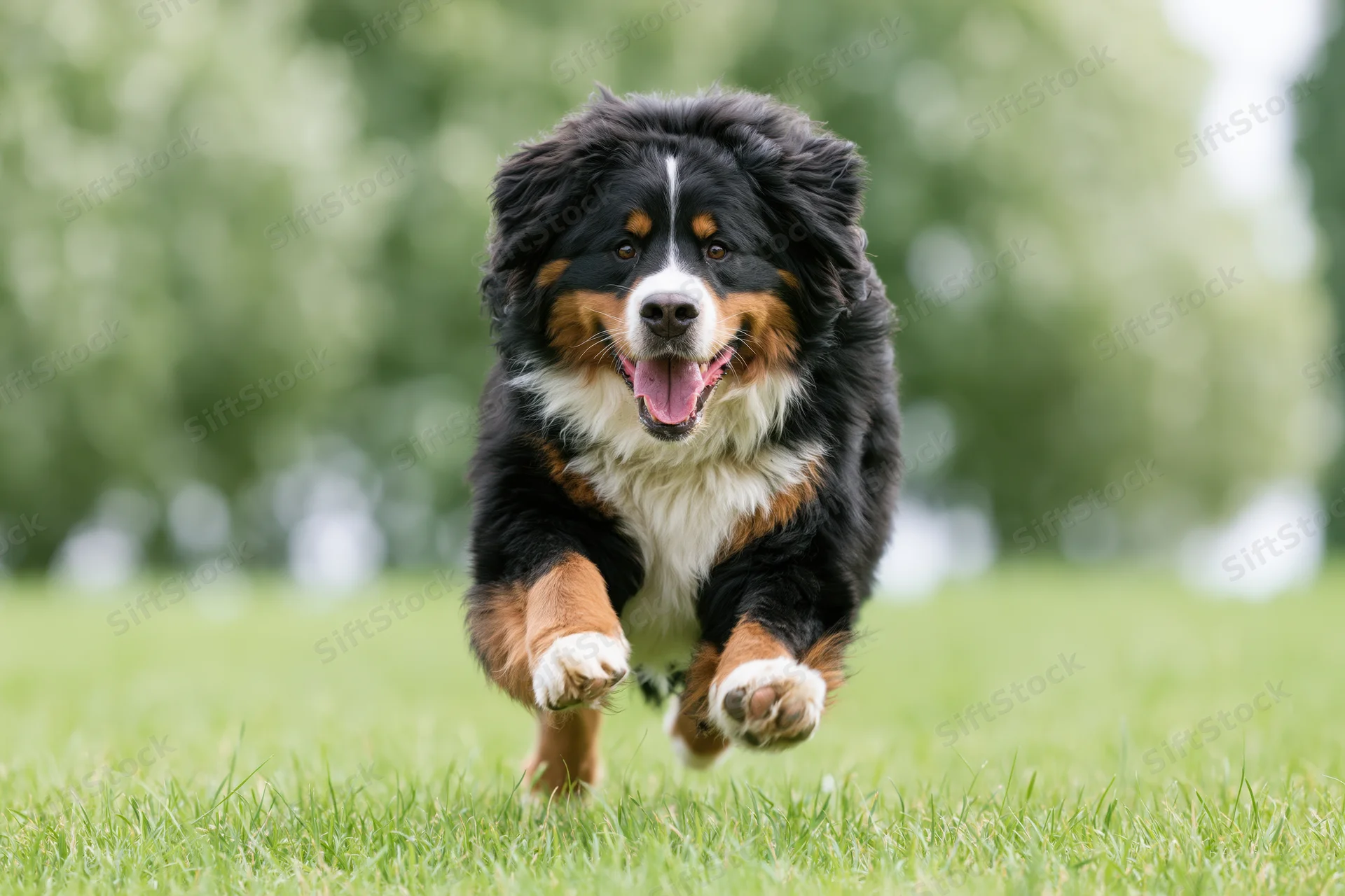 Bernese mountain dog running full speed toward camera with mouth open on green grass