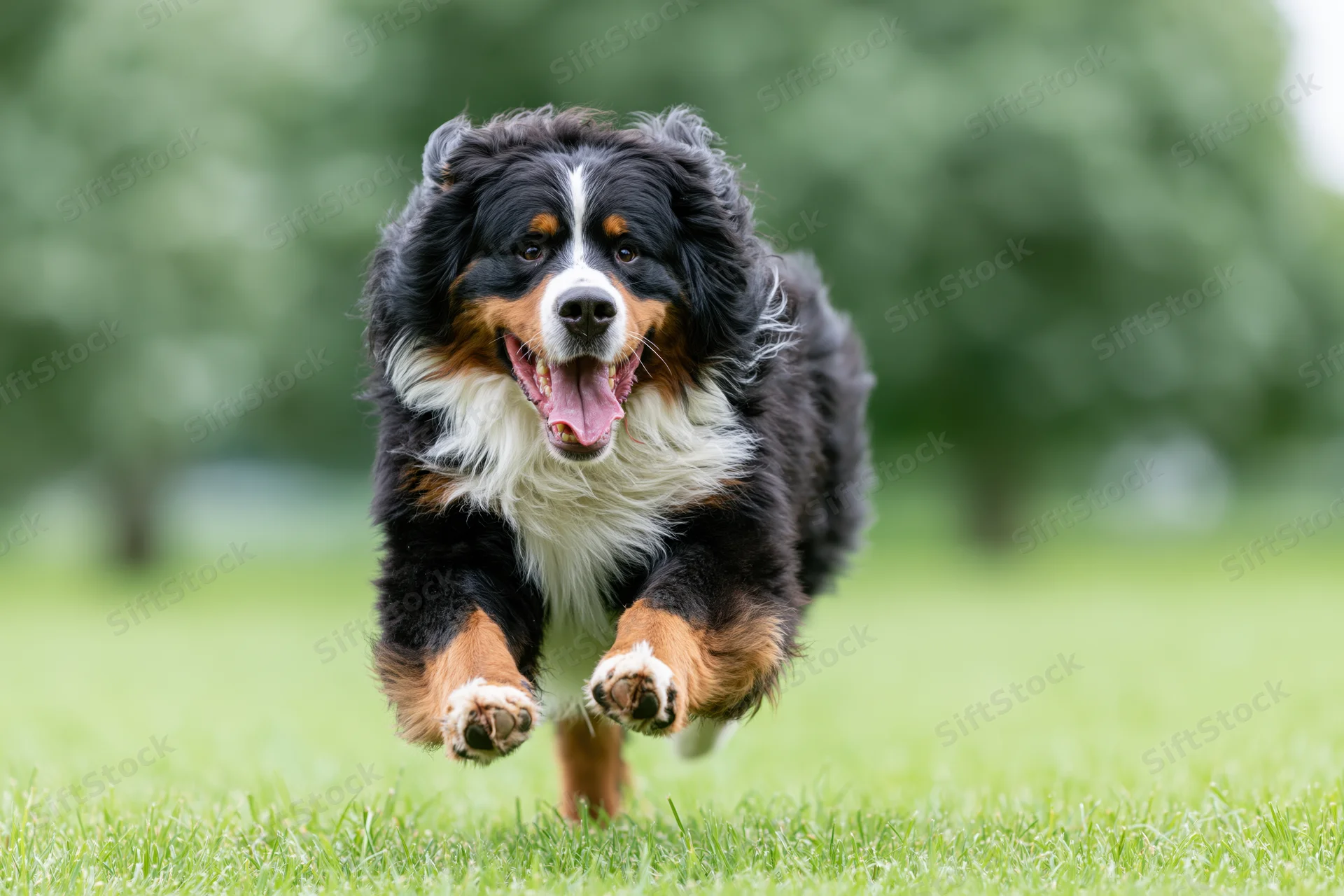 Bernese mountain dog running full speed toward camera on green grass
