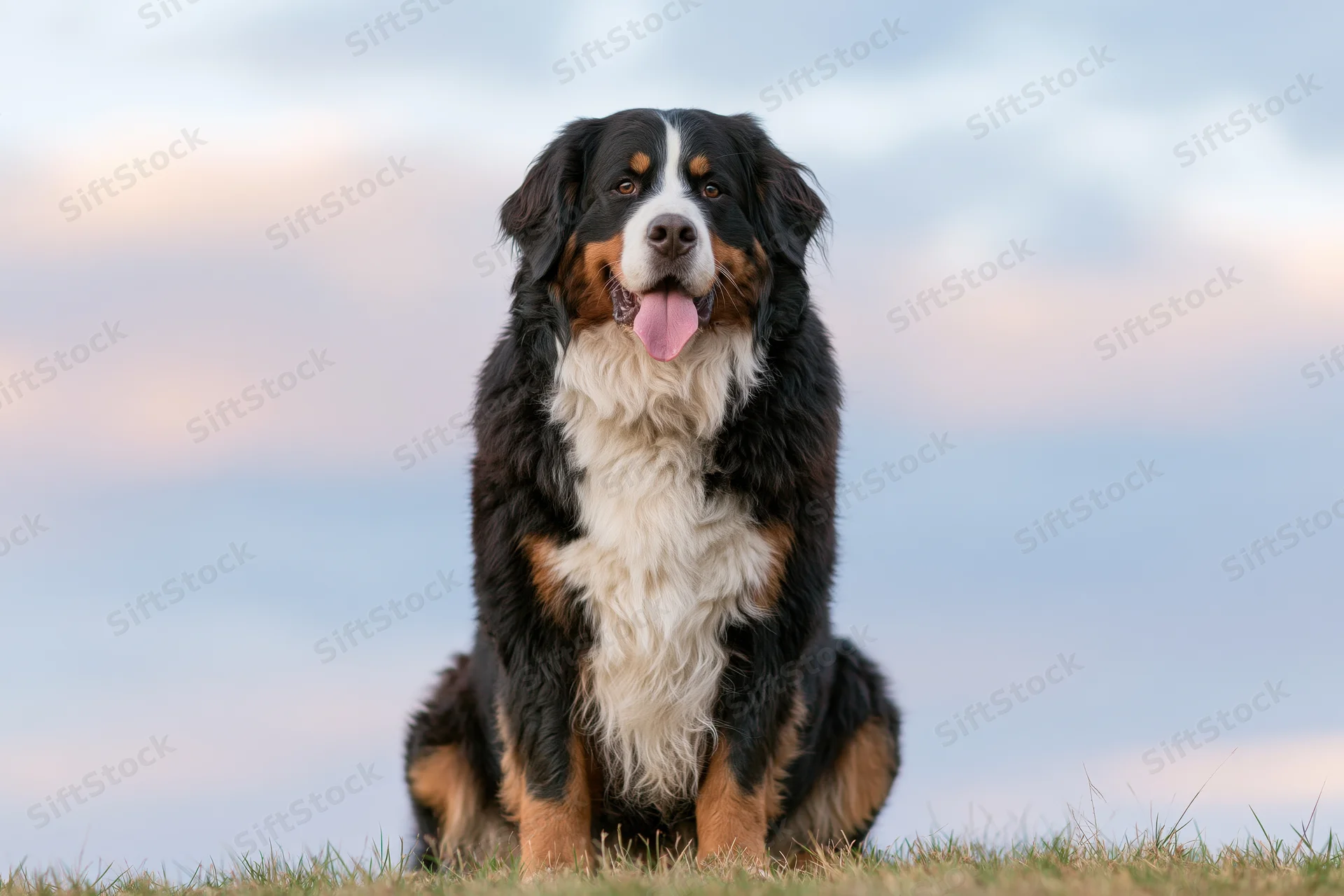 Bernese mountain dog sitting upright on grass field facing camera with tongue out