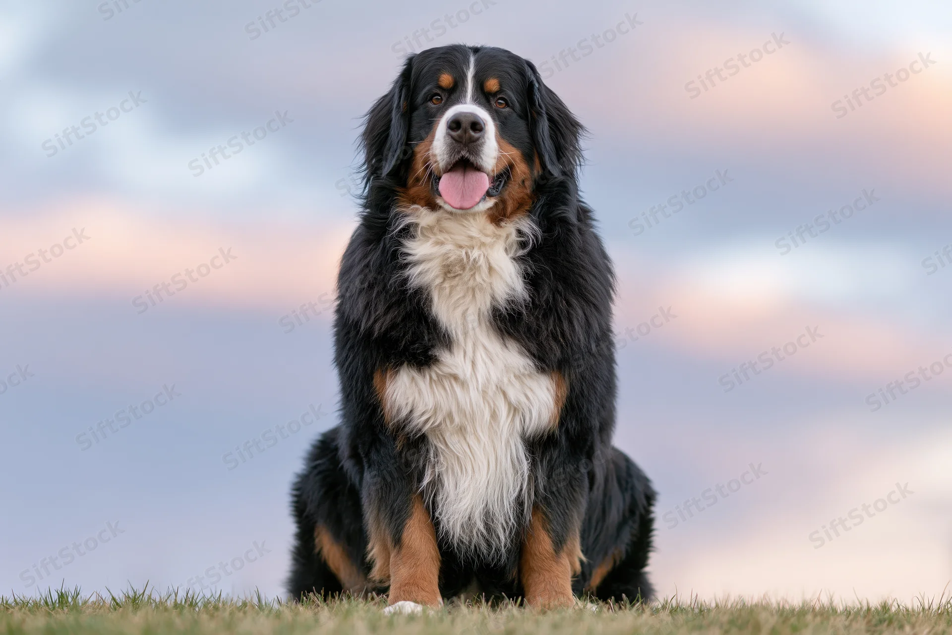 Bernese mountain dog sitting upright on grass field facing camera at twilight