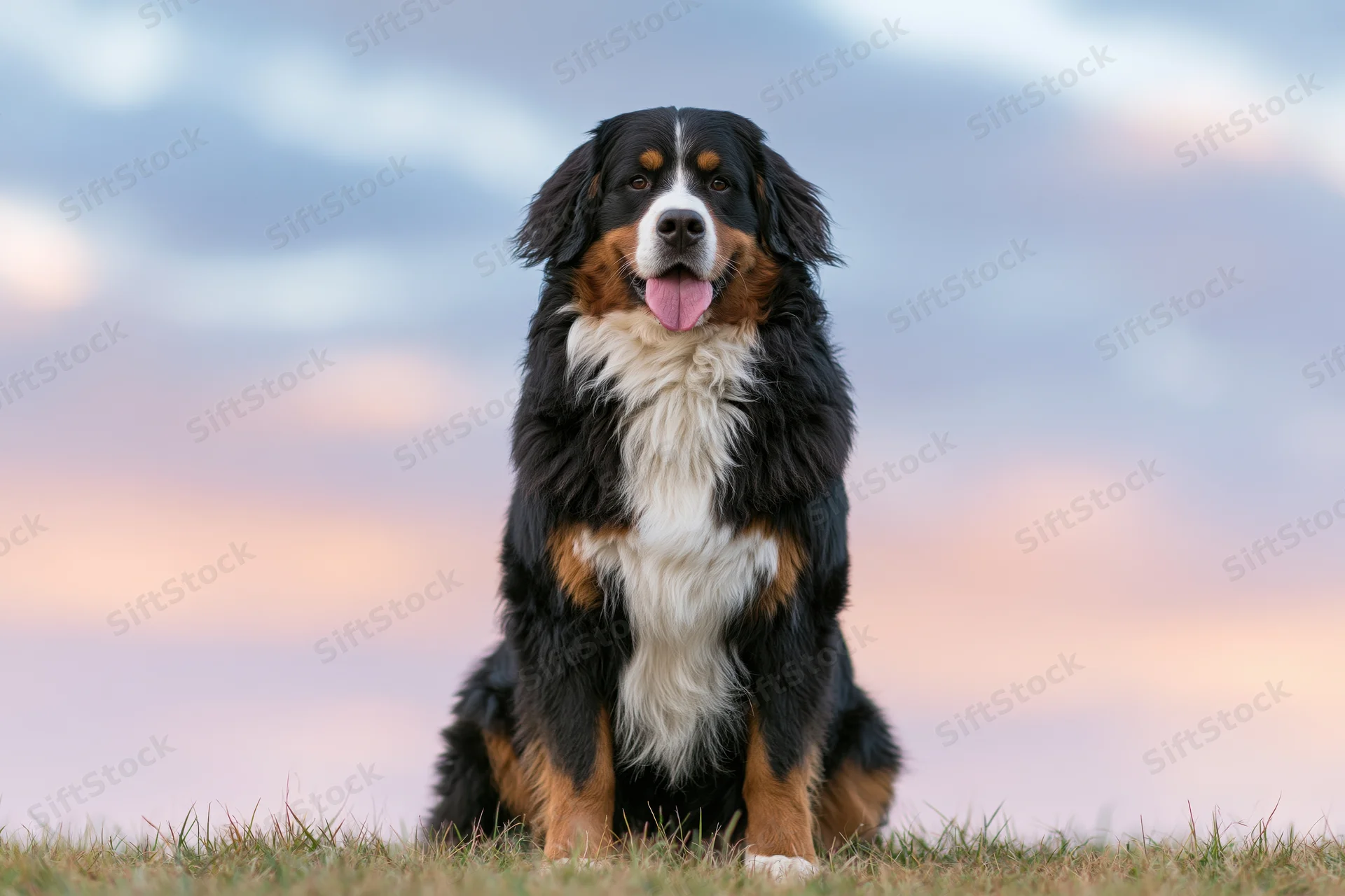 Bernese mountain dog sitting upright on grass field facing camera at dusk