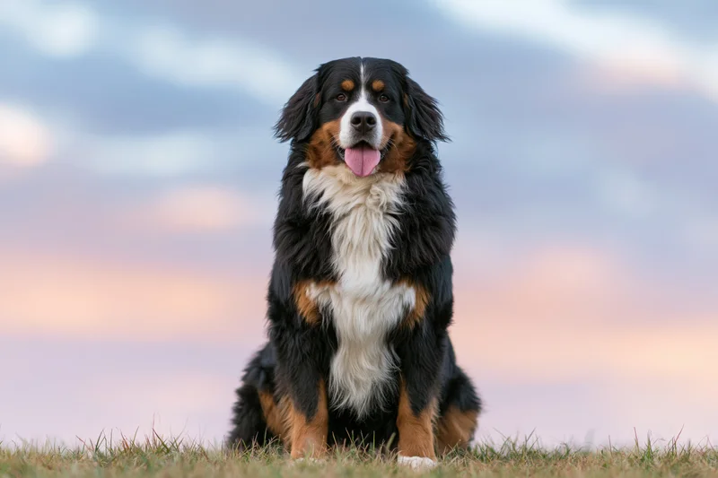 Bernese mountain dog sitting upright on grass field facing camera at dusk
