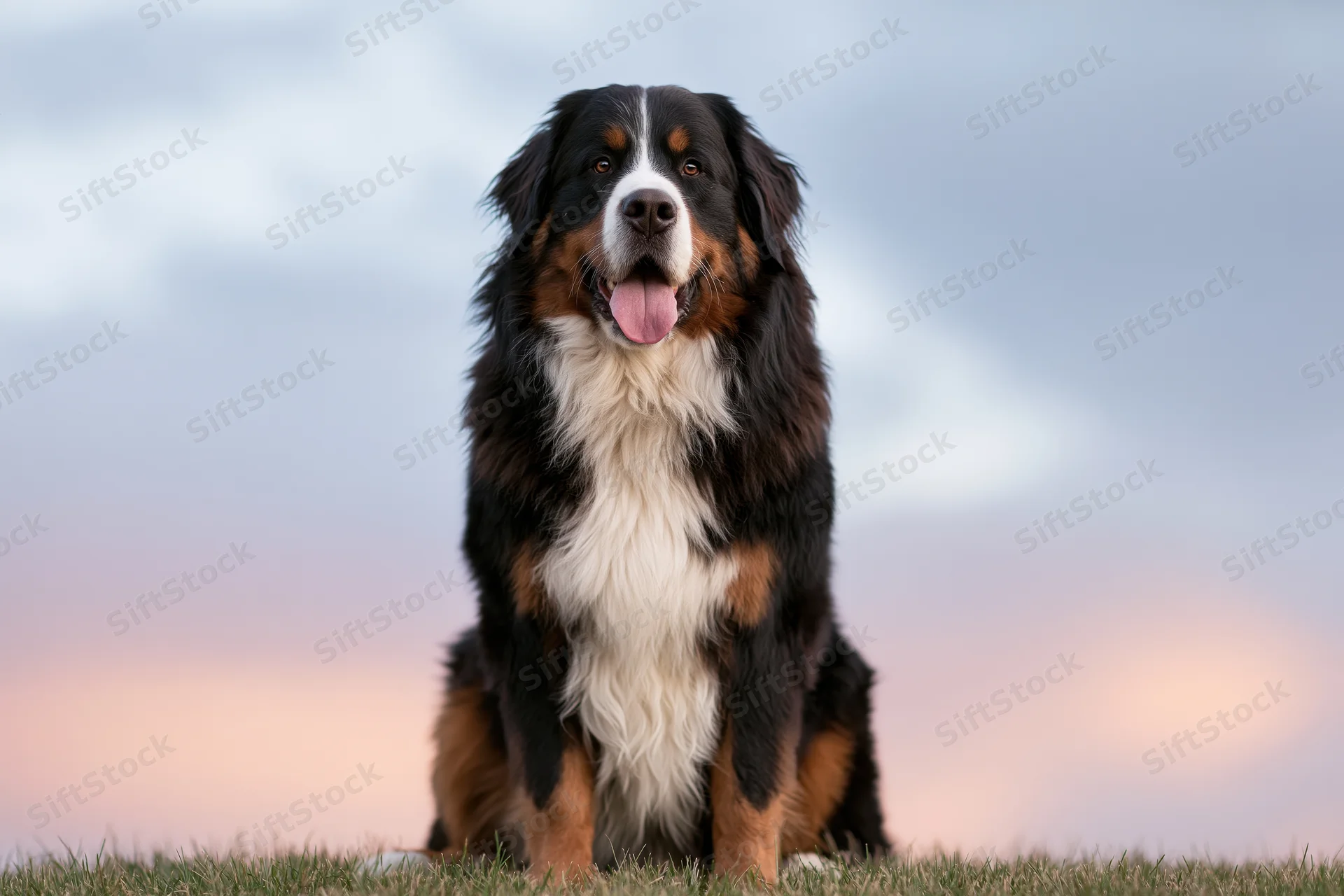 Bernese mountain dog sitting upright on grass field facing camera at twilight