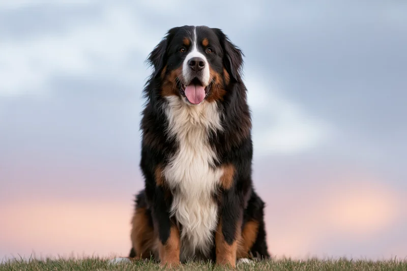 Bernese mountain dog sitting upright on grass field facing camera at twilight