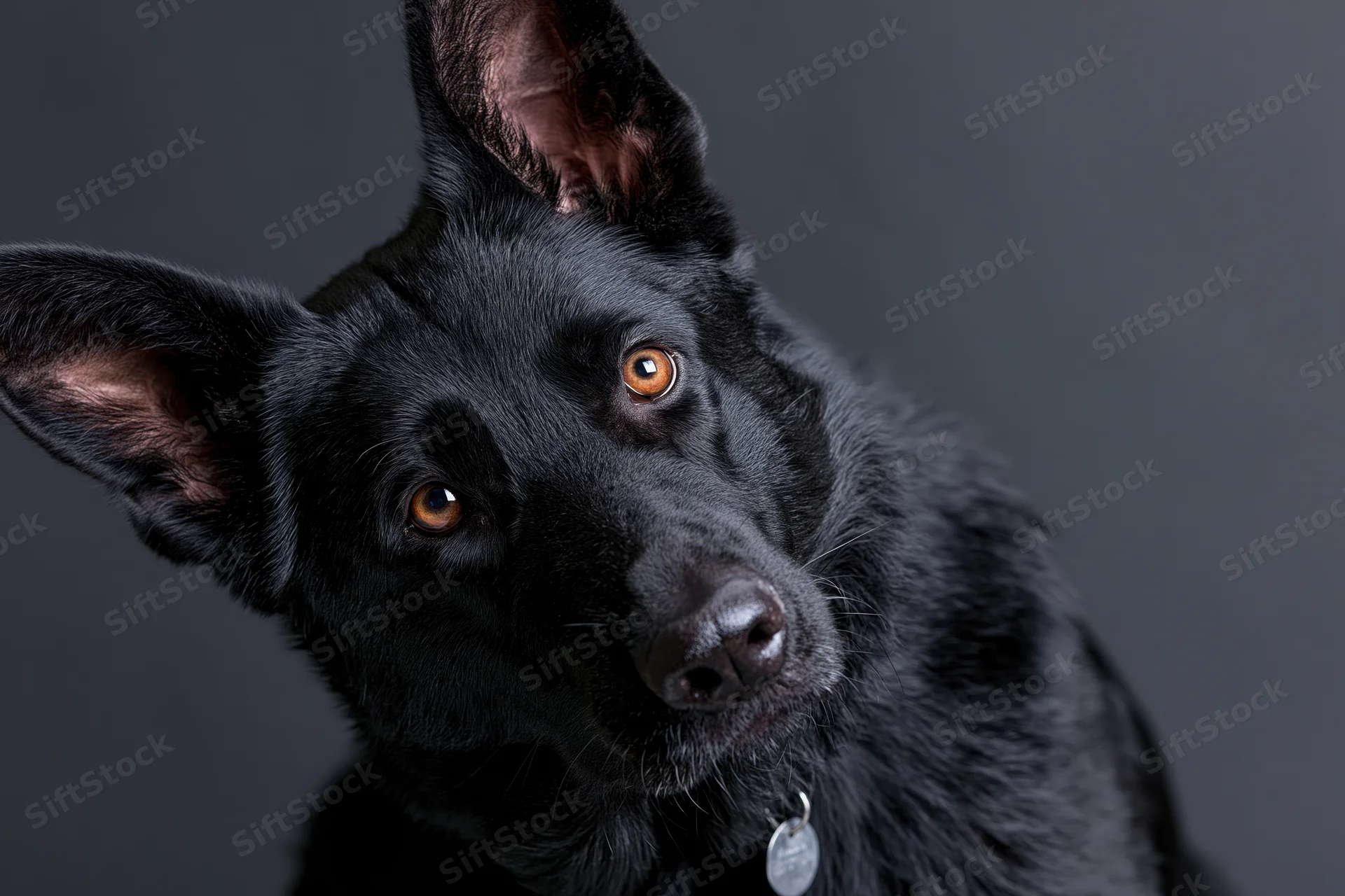 Black german shepherd dog tilting head with perked ears in studio portrait