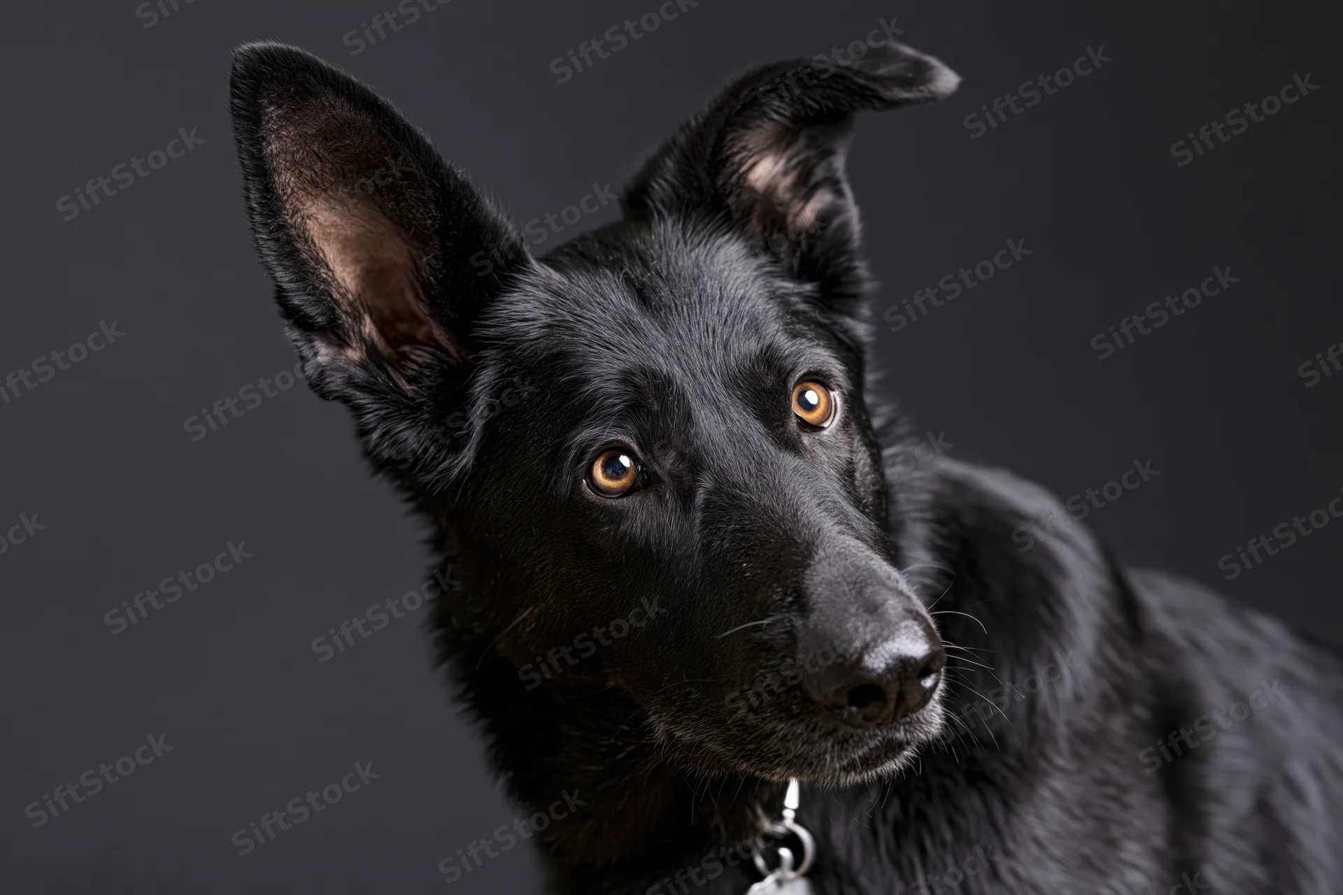Black german shepherd dog tilting head with perked ears in studio portrait