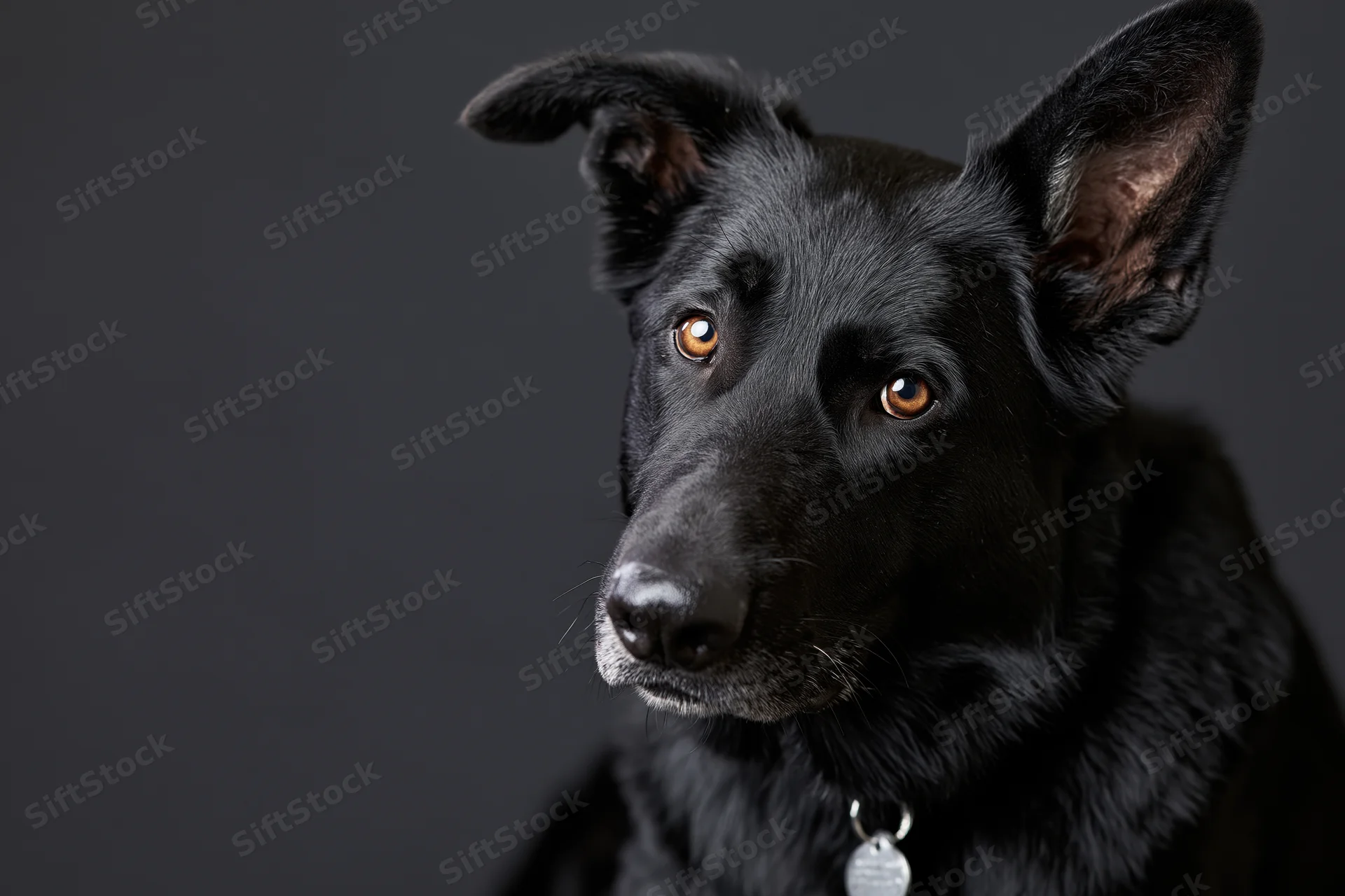 Black german shepherd dog tilting head with perked ears in studio portrait
