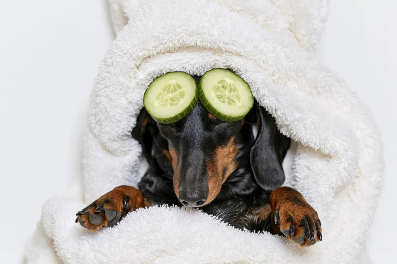Black and tan dachshund lying under fluffy white towel with cucumber slices on eyes