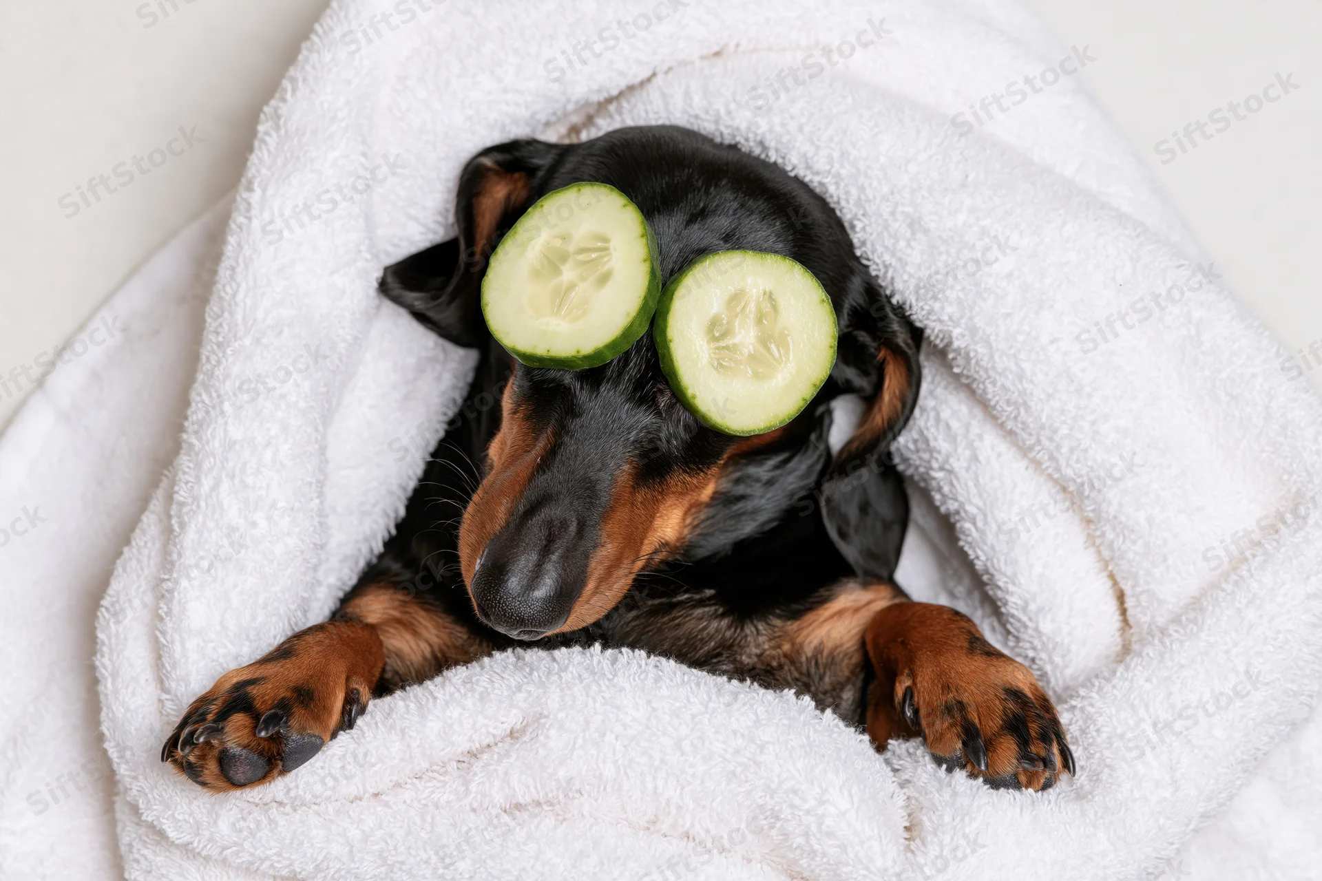 Black and tan dachshund lying wrapped in white towel with cucumber slices on eyes