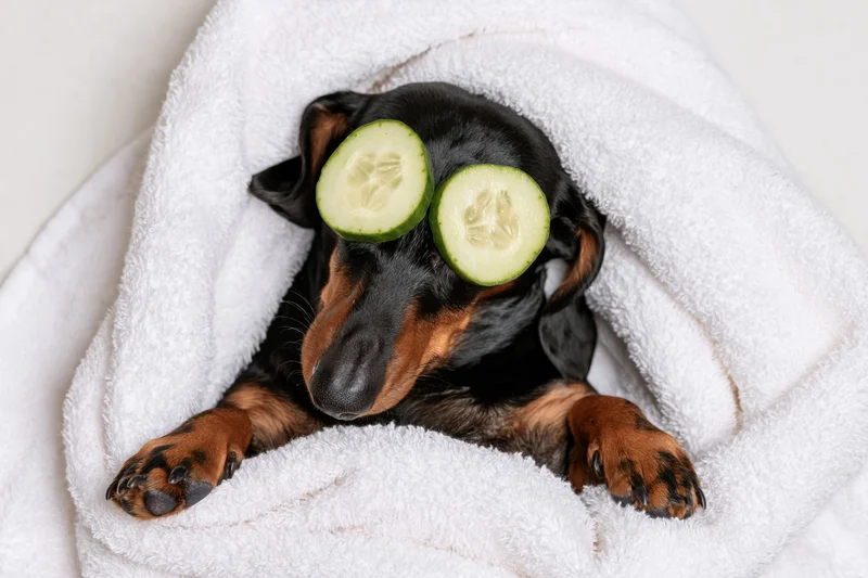 Black and tan dachshund lying wrapped in white towel with cucumber slices on eyes