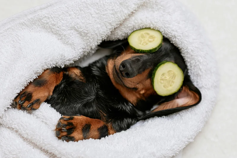 Black and tan dachshund puppy sleeping on its back with cucumber slices over eyes wrapped in a fluffy white towel