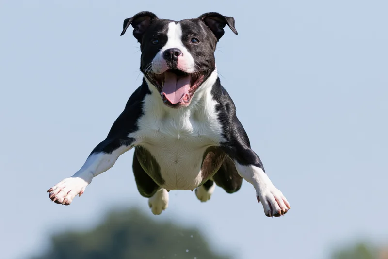 Black and white american staffordshire terrier leaping midair against sky