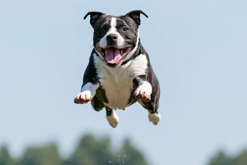 Black and white american staffordshire terrier leaping midair outdoors
