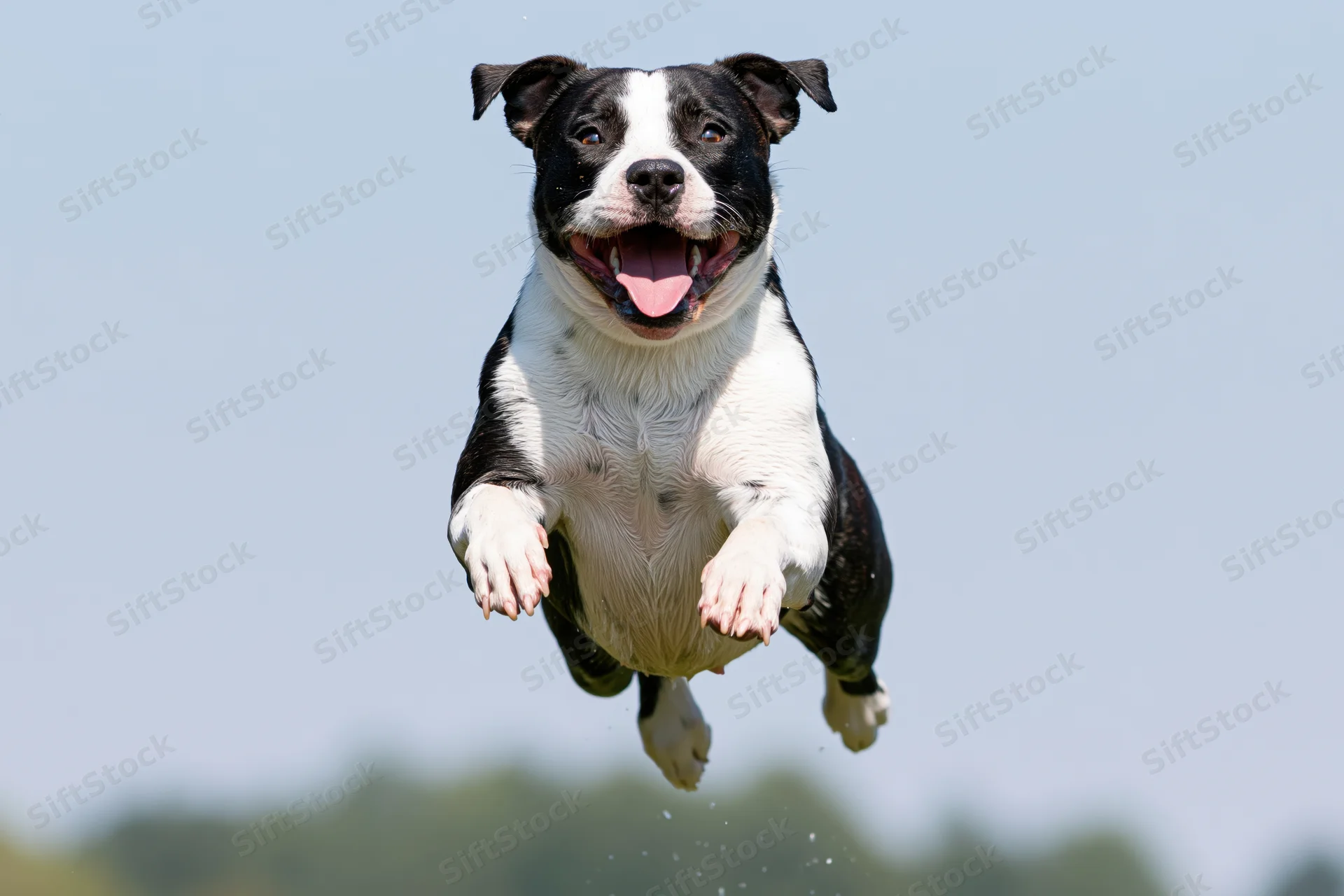 Black and white american staffordshire terrier leaping midair against sky