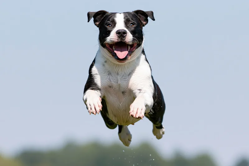 Black and white american staffordshire terrier leaping midair against sky