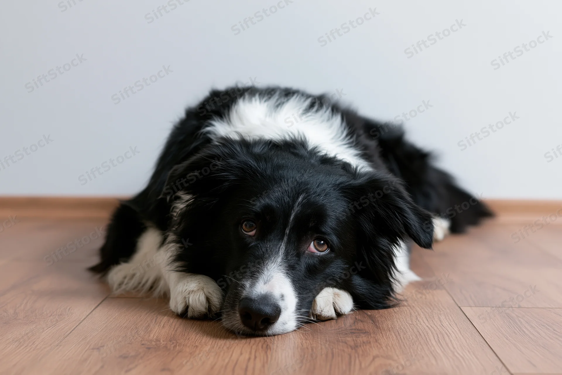 Black and white border collie lying on hardwood floor with head resting on paws