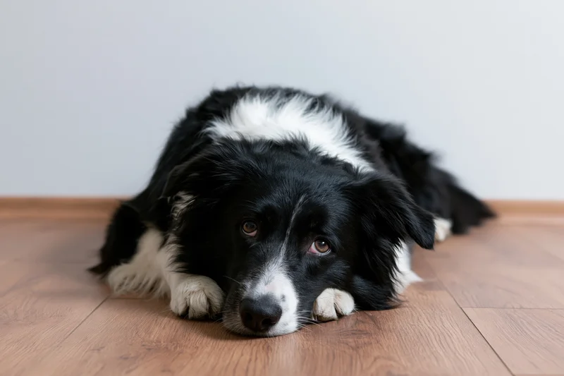 Black and white border collie lying on hardwood floor with head resting on paws