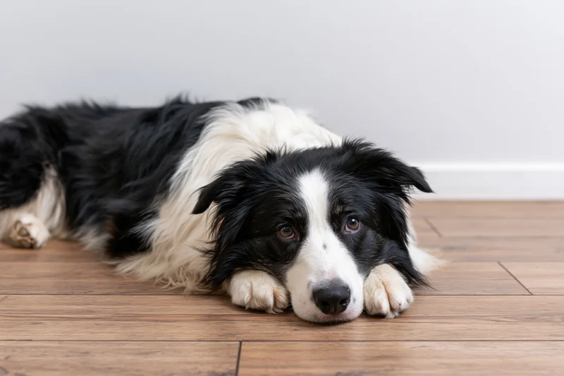 Black and white border collie lying flat on hardwood floor indoors