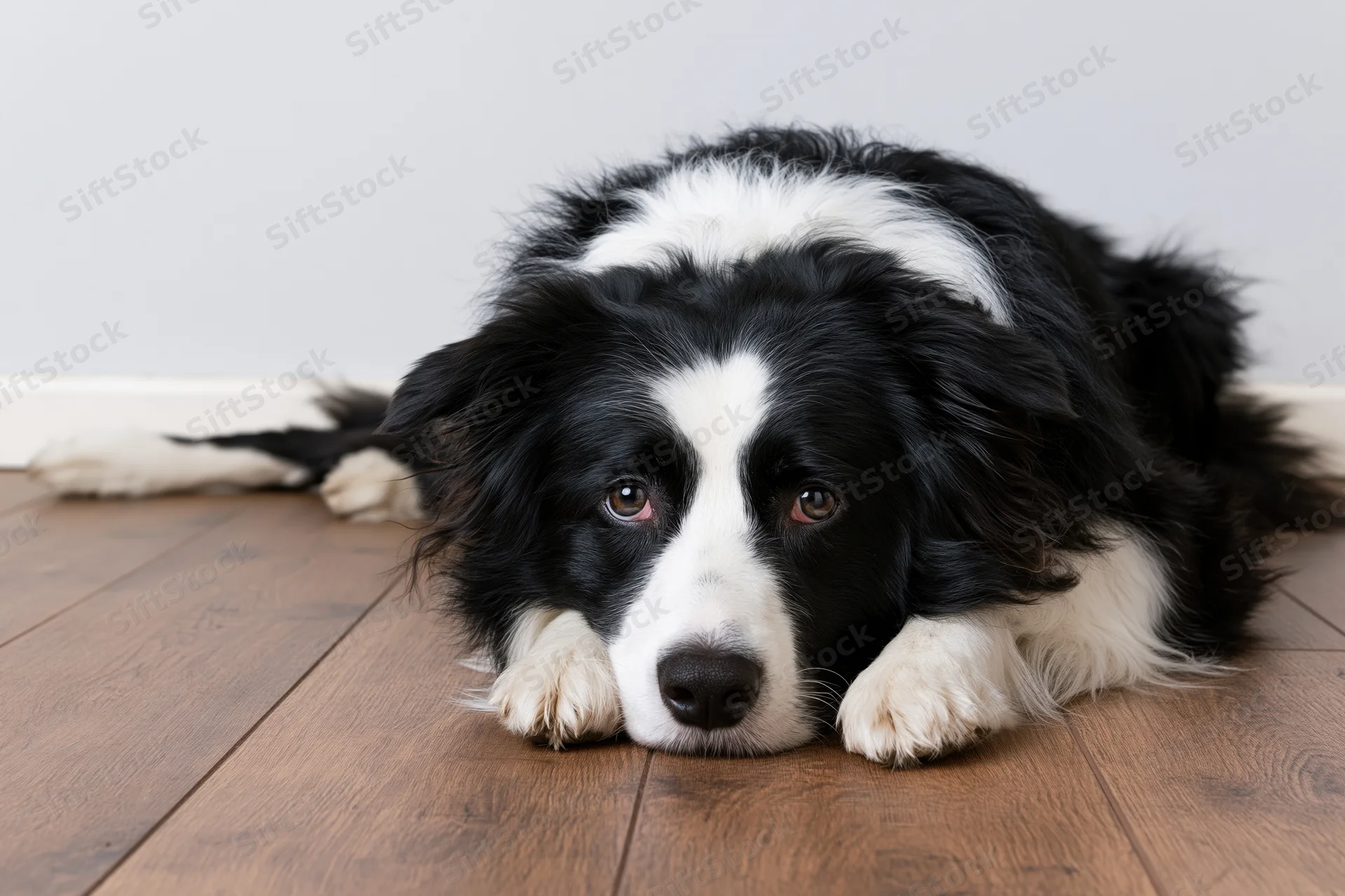 Black and white border collie lying flat on hardwood floor with head resting on paws