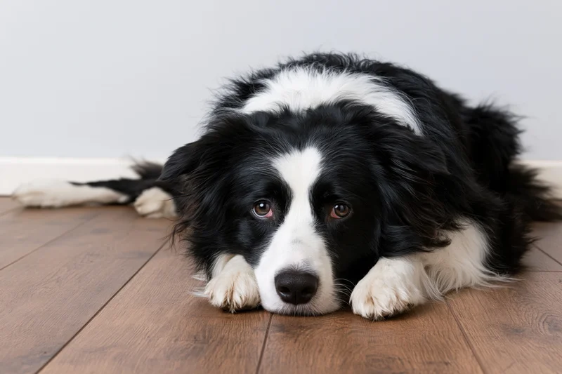 Black and white border collie lying flat on hardwood floor with head resting on paws
