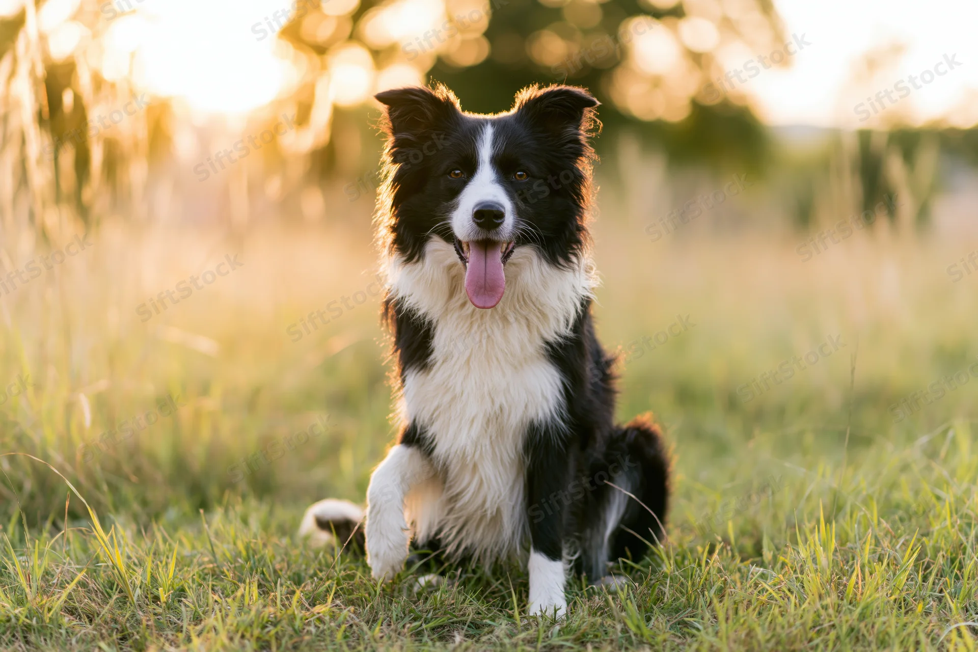 Black and white border collie sitting upright in a grassy field at golden hour