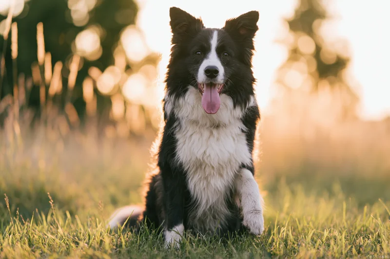 Black and white border collie sitting upright on grass in golden hour light