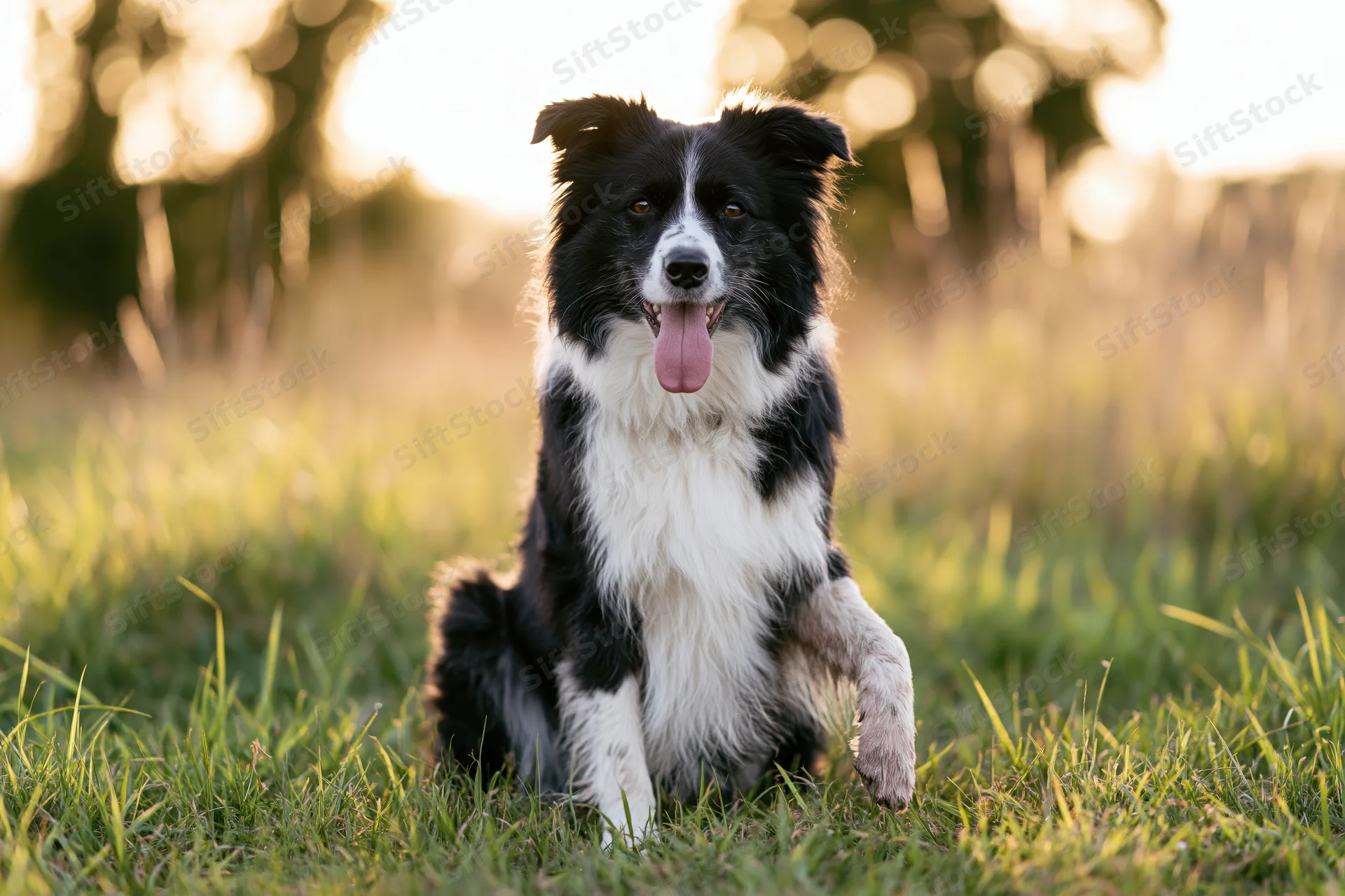 Black and white border collie sitting upright in a grassy field during golden hour