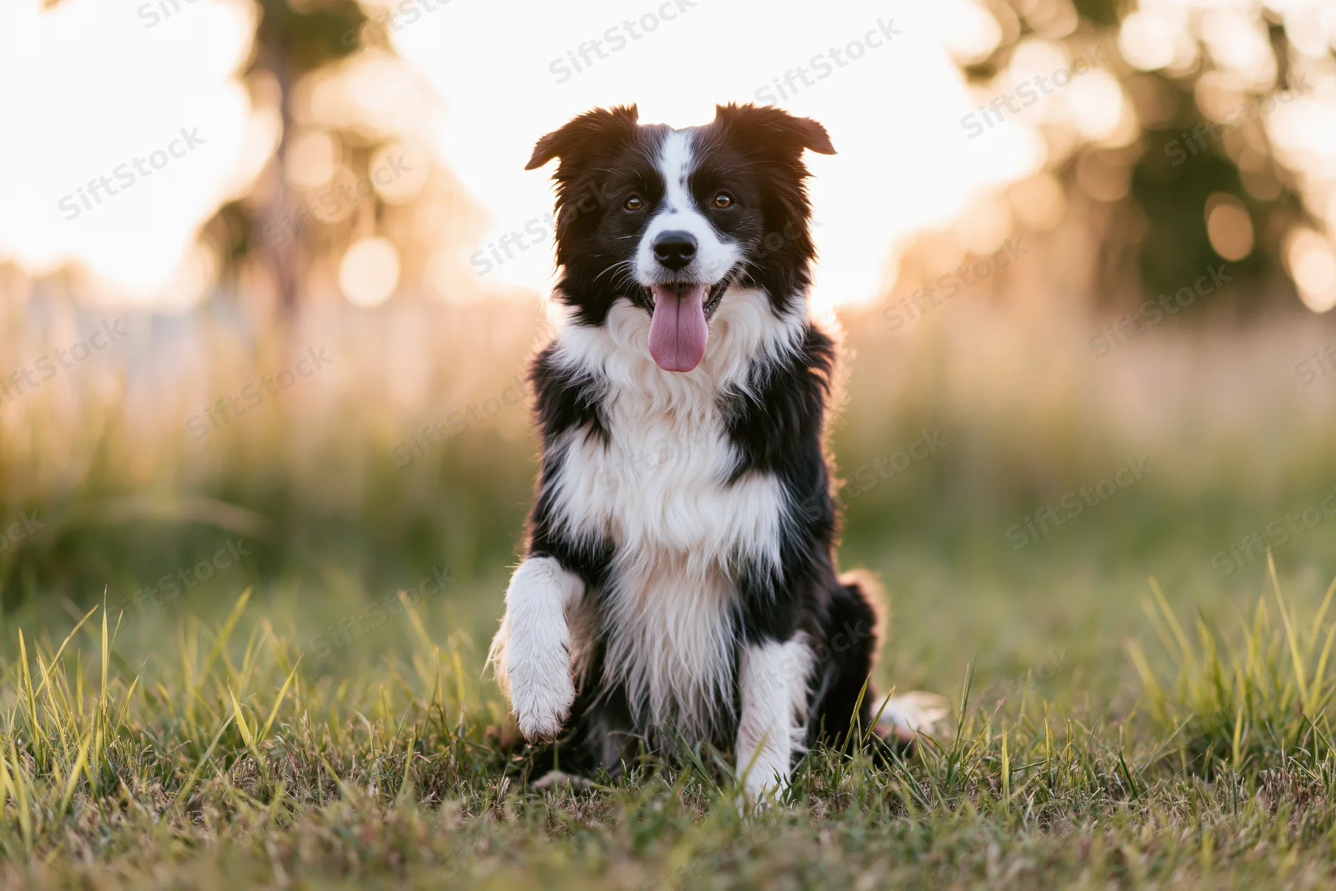 Black and white border collie sitting upright on grass in a sunlit field