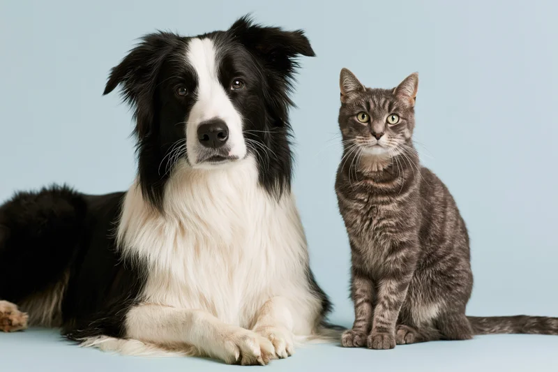 Black and white border collie lying beside a seated grey tabby cat in a studio setting