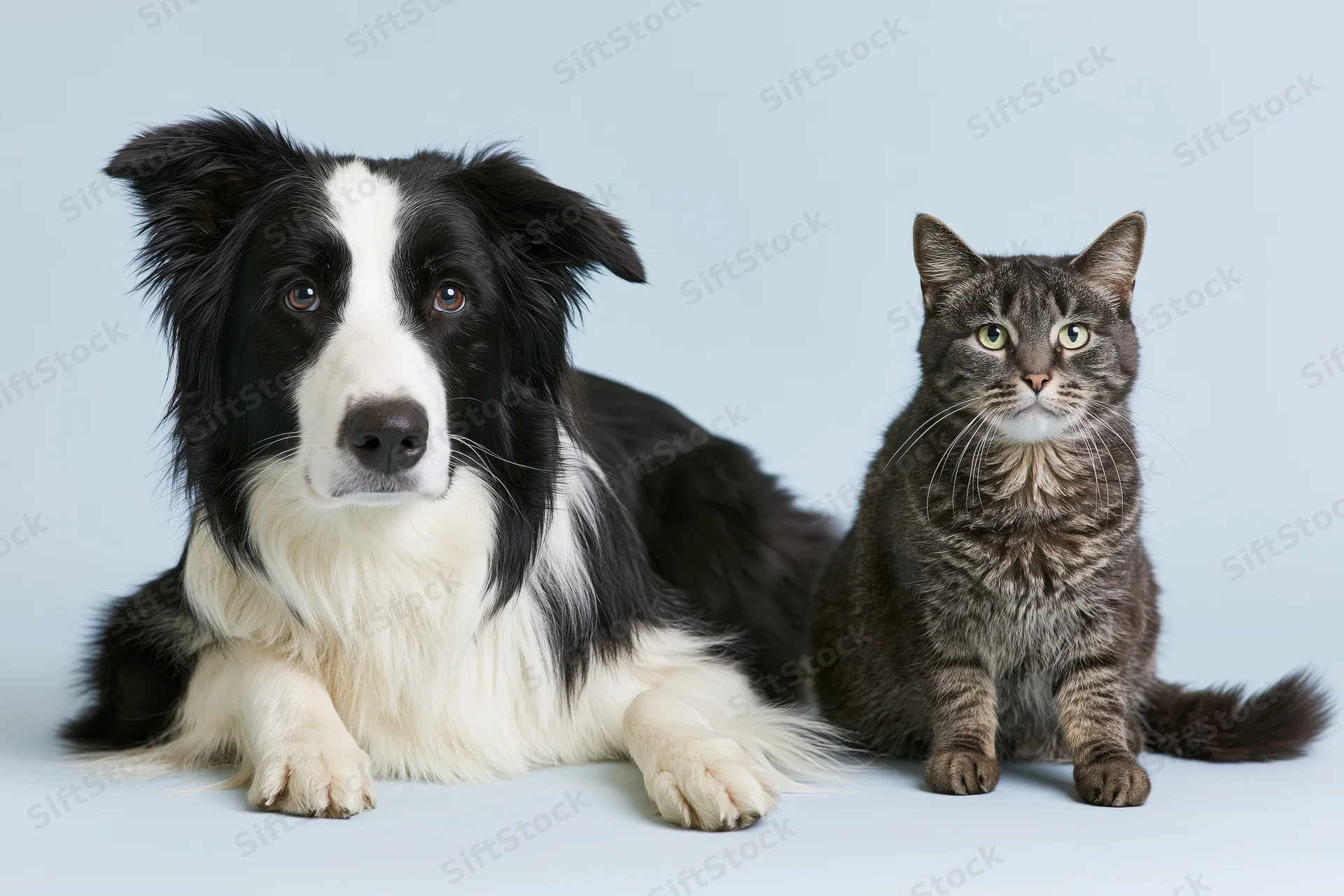 Black and white border collie lying beside a seated grey tabby cat in a studio setting