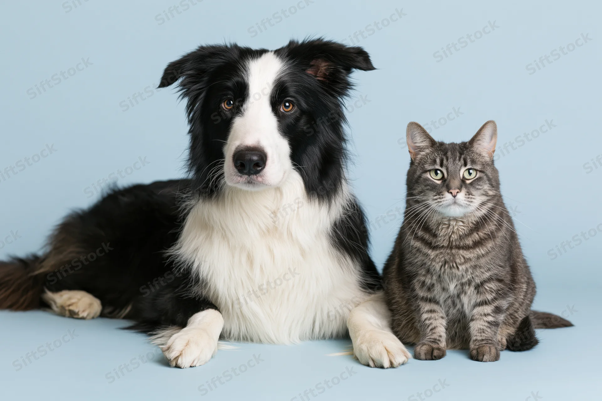 Black and white border collie lying beside a seated grey tabby cat on a blue studio background
