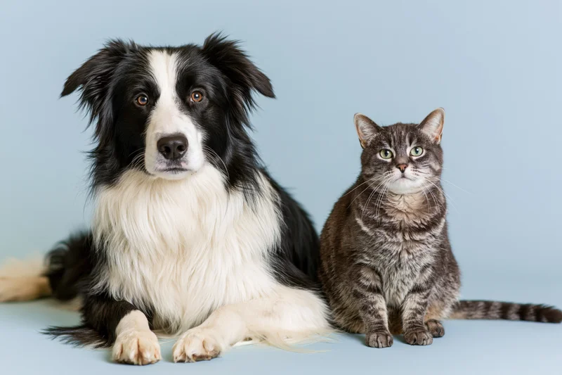 Black and white border collie lying beside a seated grey tabby cat in a studio portrait