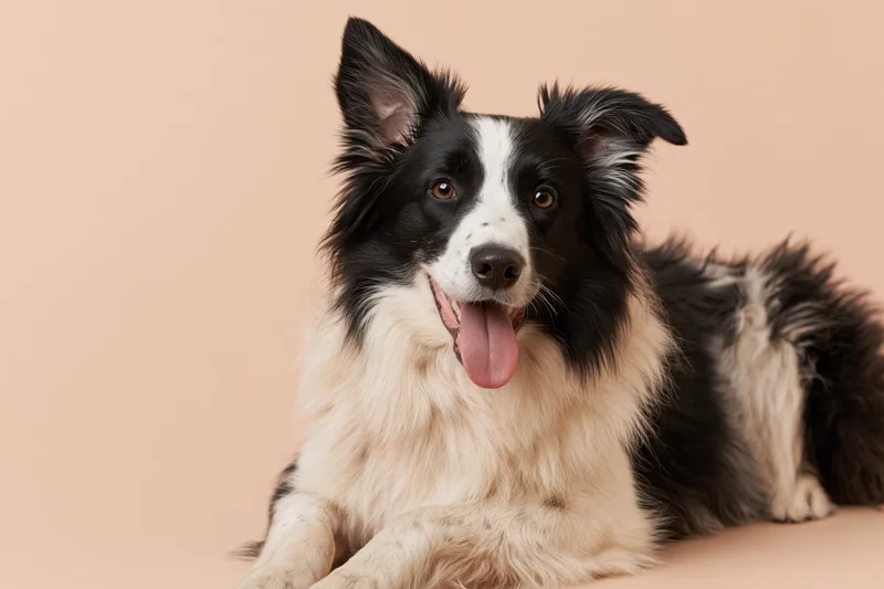 Black and white border collie lying down with tongue out on beige background
