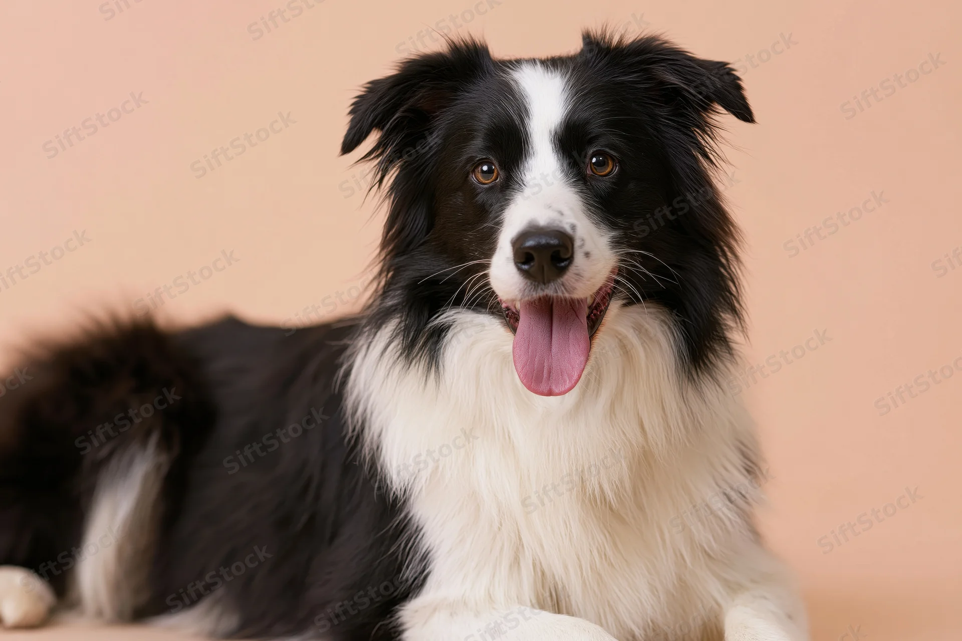 Black and white border collie lying down with tongue out in studio portrait