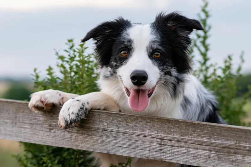 Border collie resting paws on wooden fence in rural field