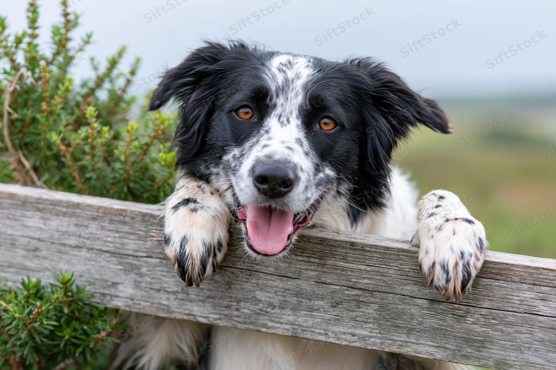 Black and white border collie resting its paws on a wooden fence outdoors