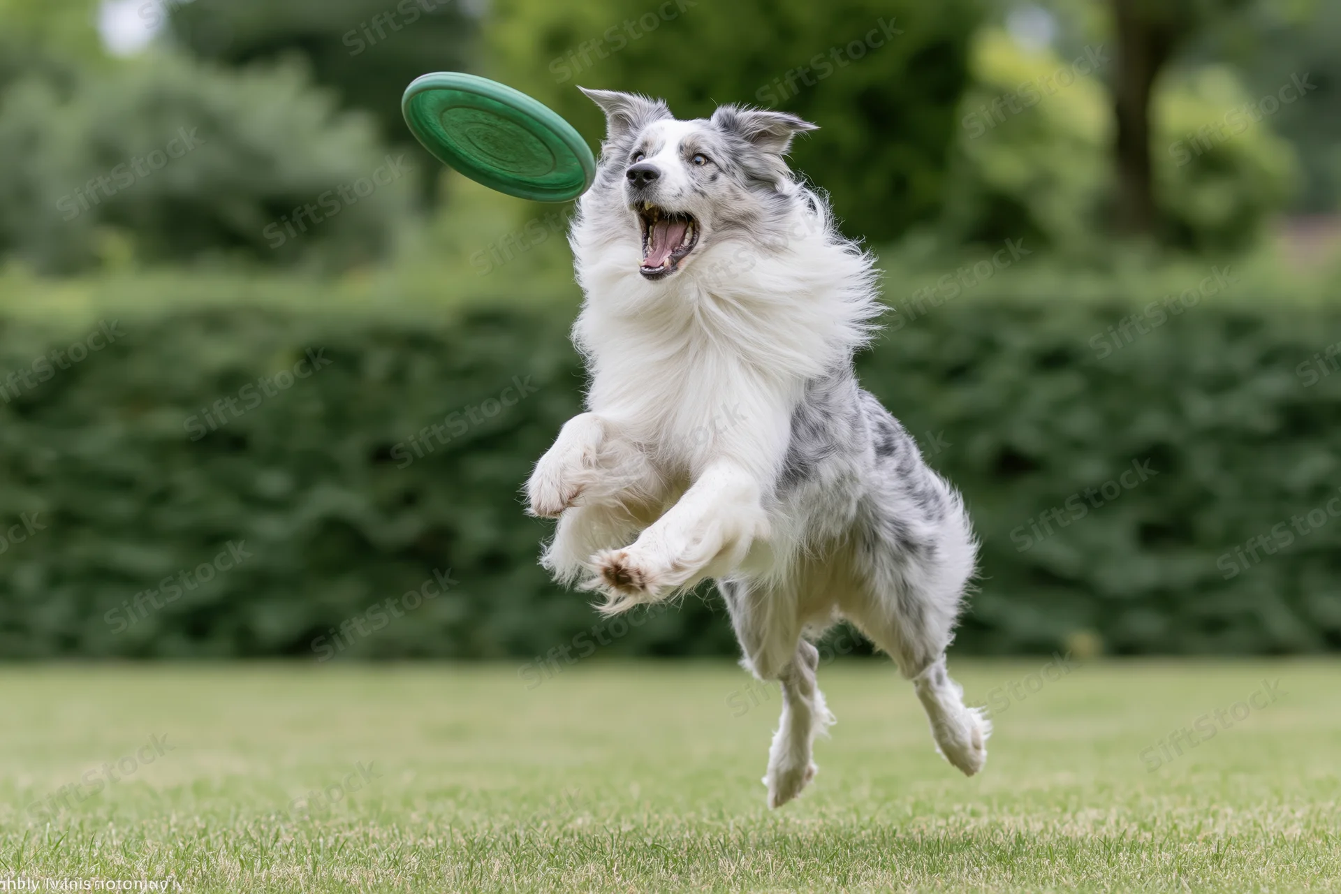 Blue merle border collie leaping midair to catch green frisbee on grassy lawn