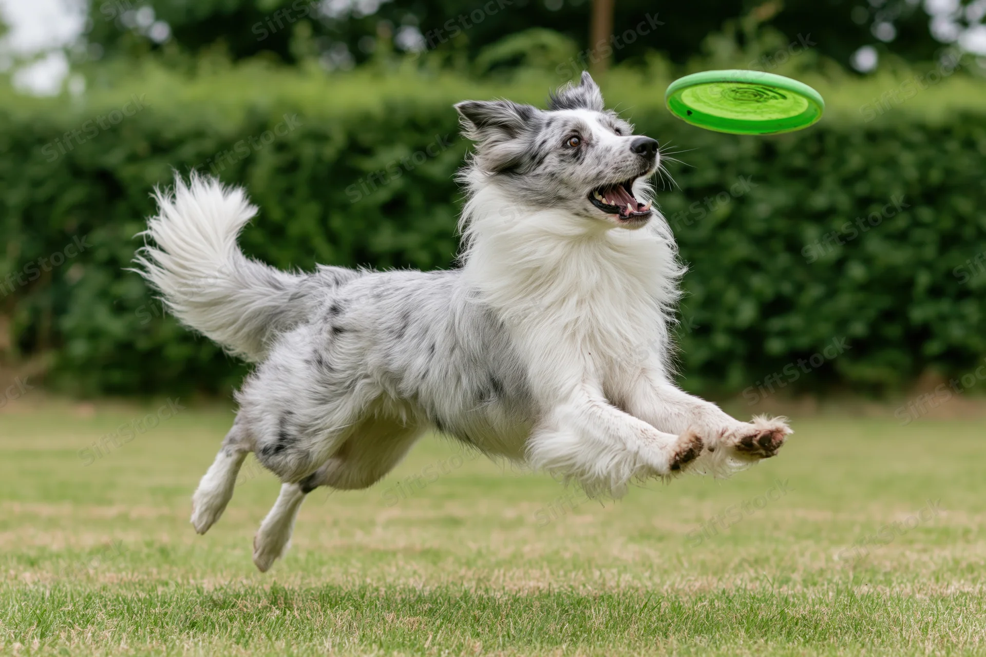 Blue merle border collie leaping midair to catch green frisbee in grassy yard