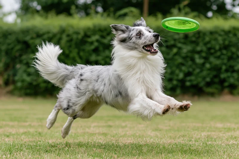 Blue merle border collie leaping midair to catch green frisbee in grassy yard
