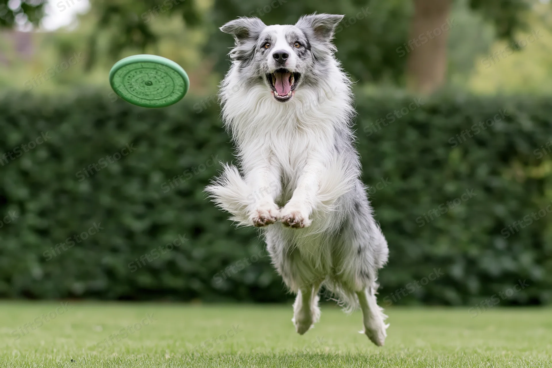 Blue merle border collie leaping midair to catch green frisbee on grassy lawn