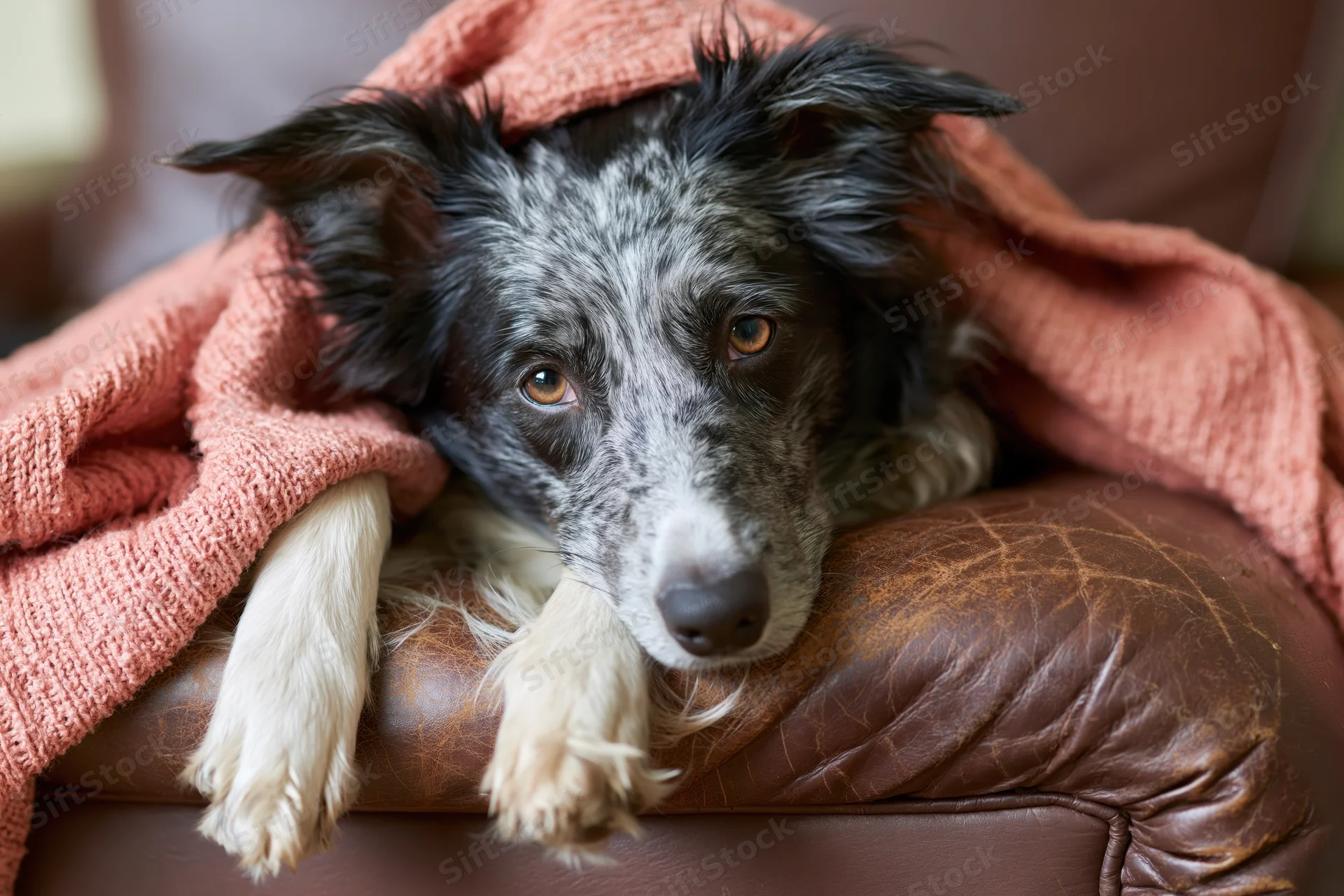Blue merle border collie resting chin on worn brown leather sofa under peach knitted blanket