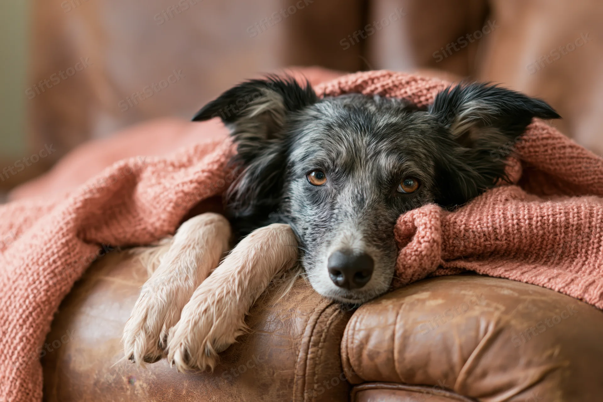 Senior blue merle border collie resting head on worn leather sofa under knitted peach blanket