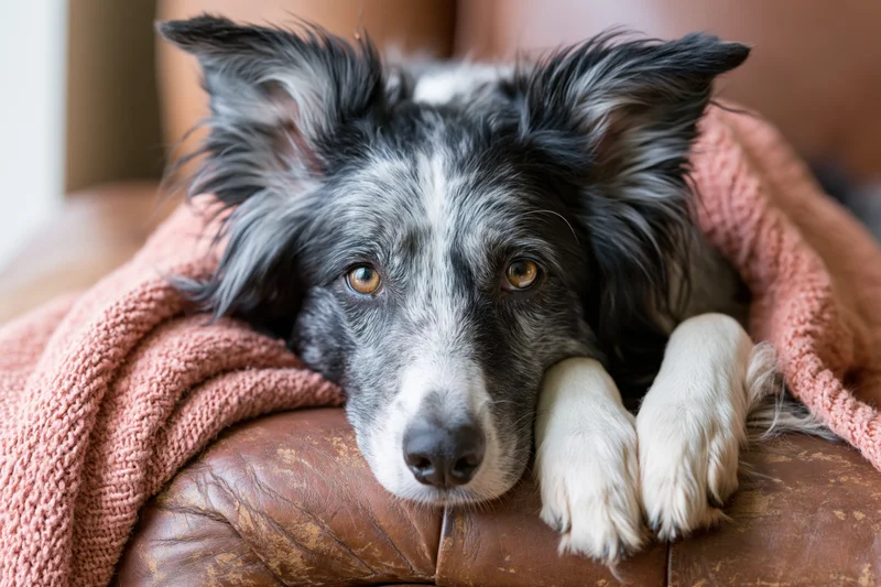 Blue merle border collie resting chin on worn leather sofa with pink knitted blanket