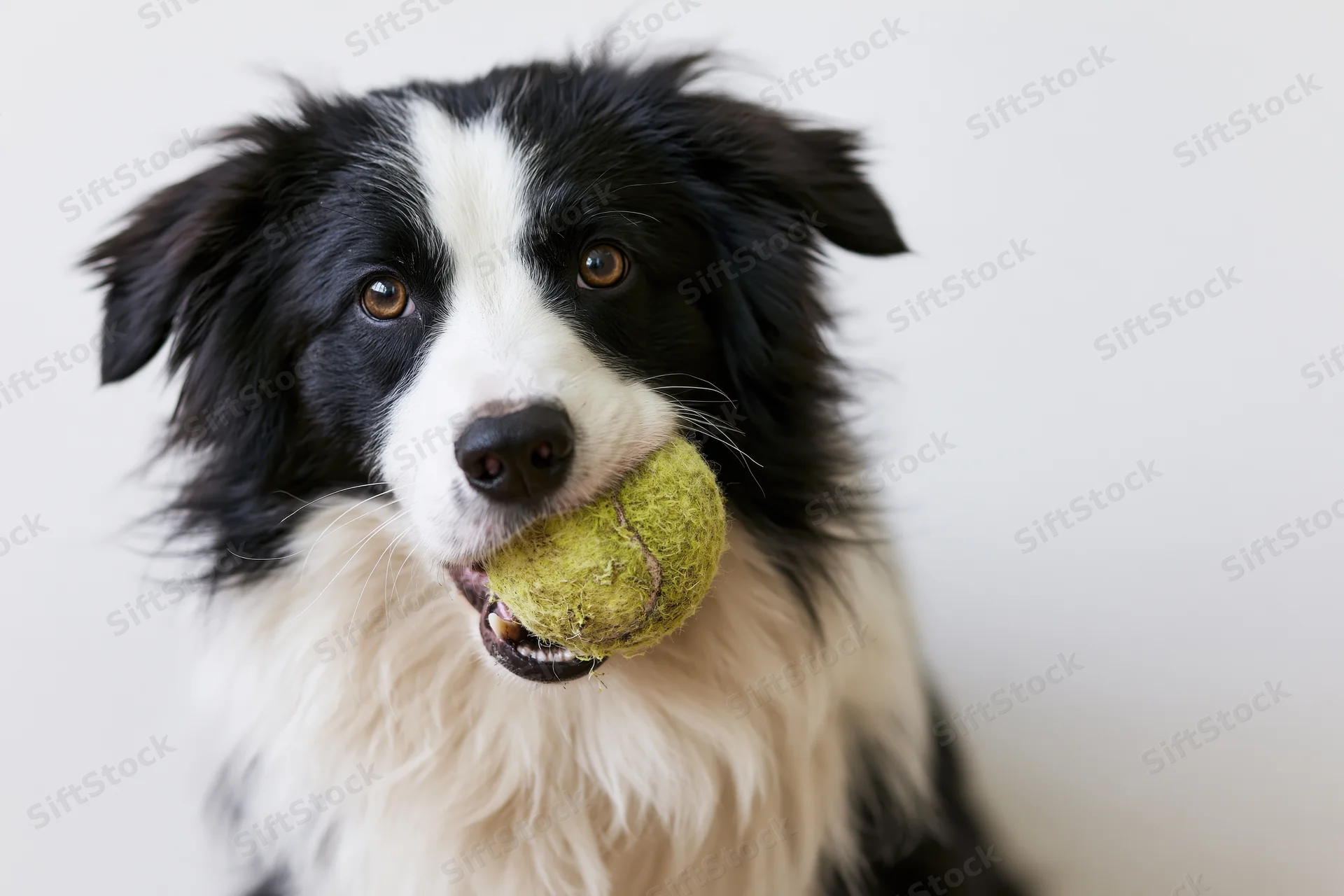 Border collie holding a worn tennis ball in its mouth against a white background