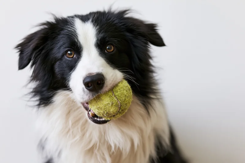 Border collie holding a worn tennis ball in its mouth against a white background