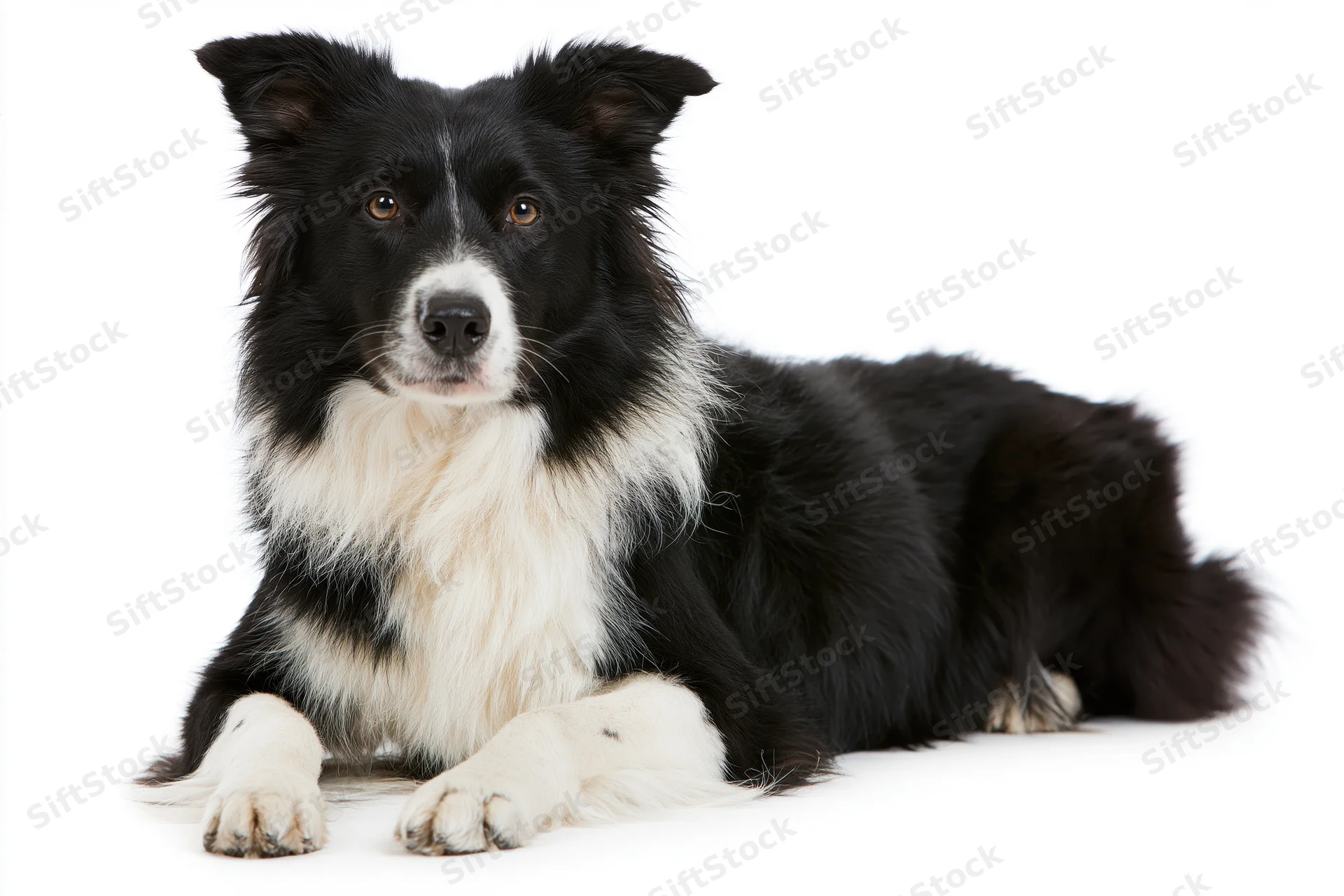 Border collie lying down facing camera with alert expression on white background